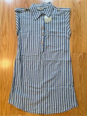 Sleeveless Blue & White Striped Midi Shirt Dress